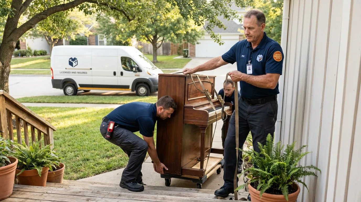 Licensed piano movers securing grand piano in Follansbee, WV