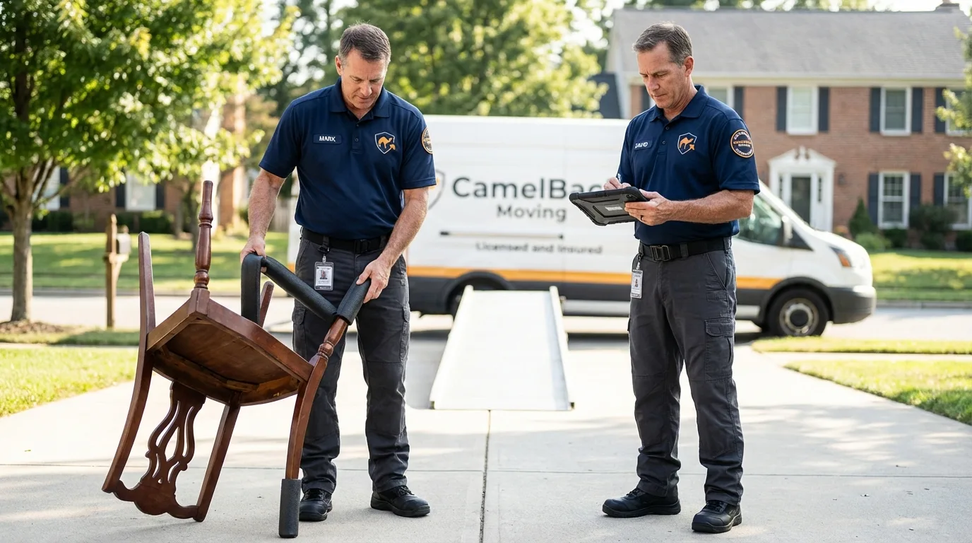 Movers inspecting furniture for damage prevention before loading in Follansbee, WV